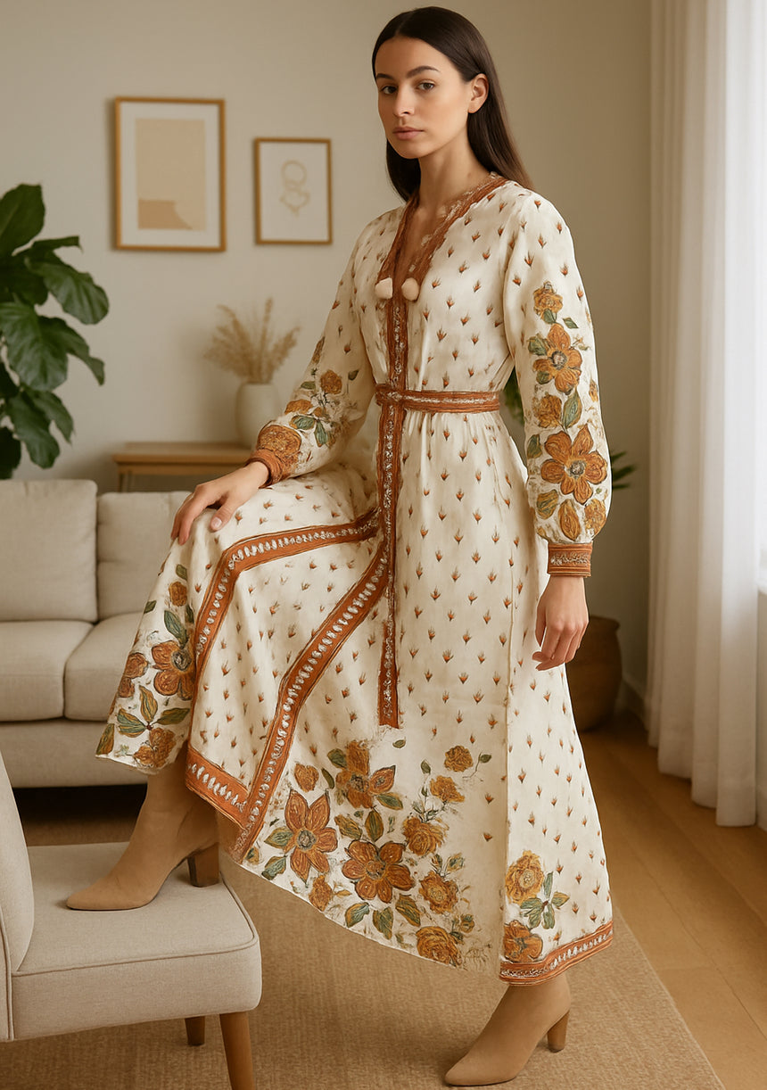 ibBan Premium Printed Cotton Long Dress with Hand Embroidery -Farhat Long Dress