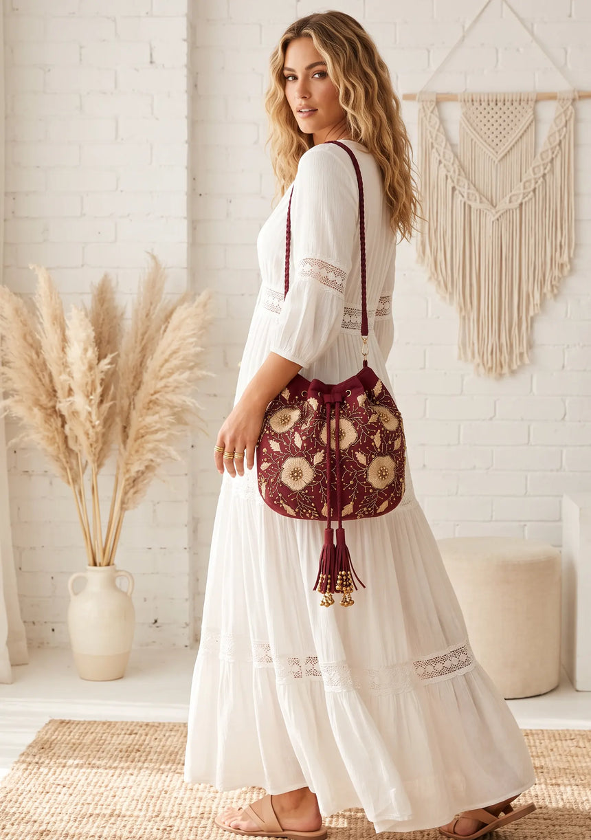 ibBan Floral Embellished Canvas Bucket Bag - Johri