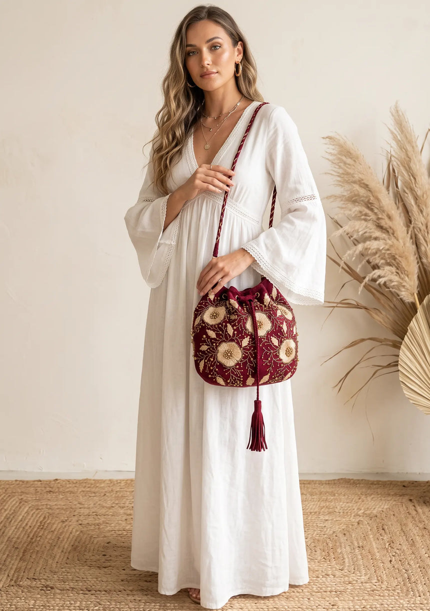 ibBan Floral Embellished Canvas Bucket Bag - Johri