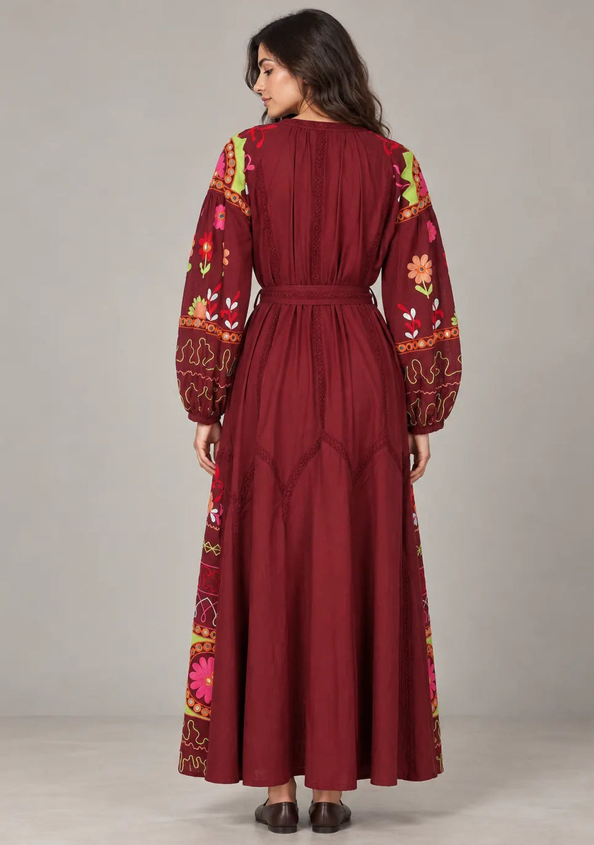 ibBanEmbroidered Cotton Maxi Dress with Tassel Tie - Hami