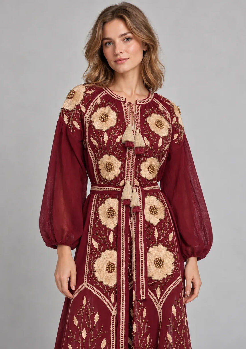 ibBan Floral Embroidered Cotton Long Dress - Johri