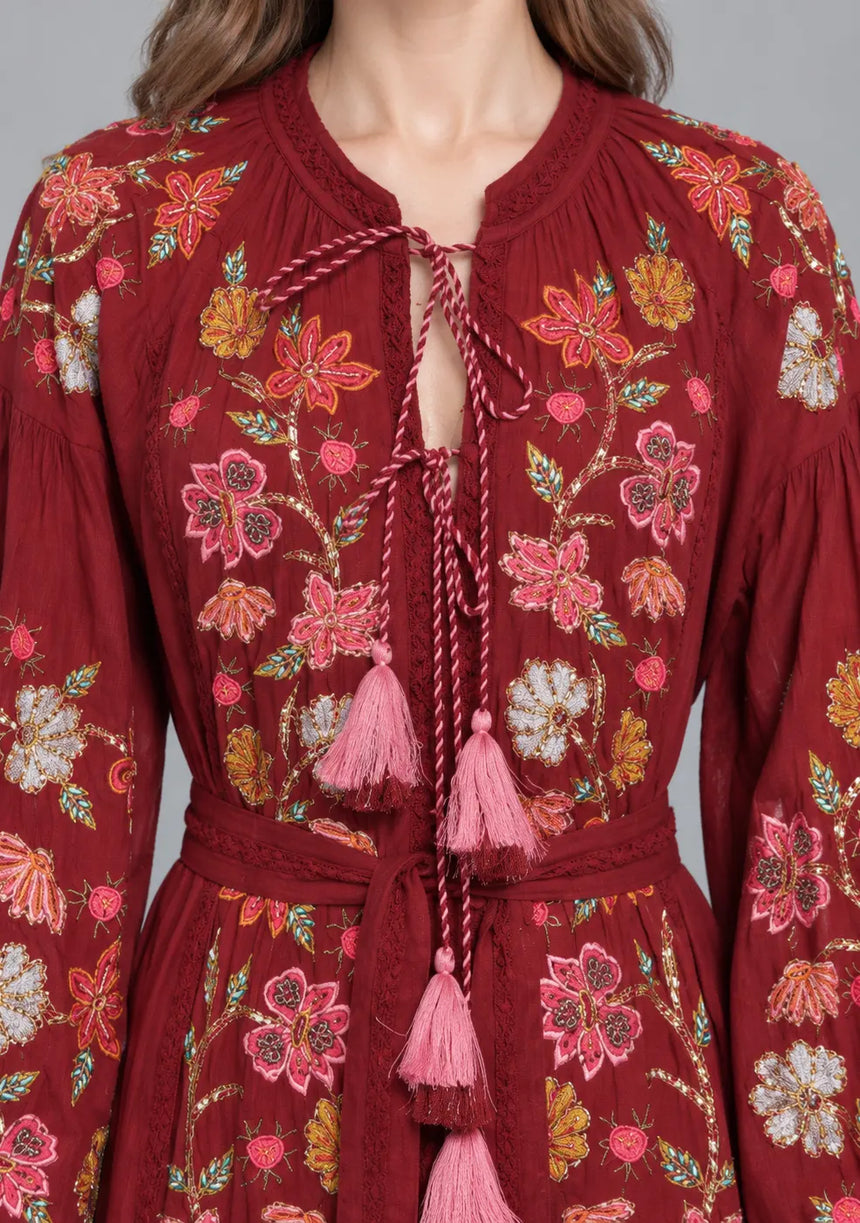 ibBan Floral Embroidered Maxi Dress with Tassel - Ravila