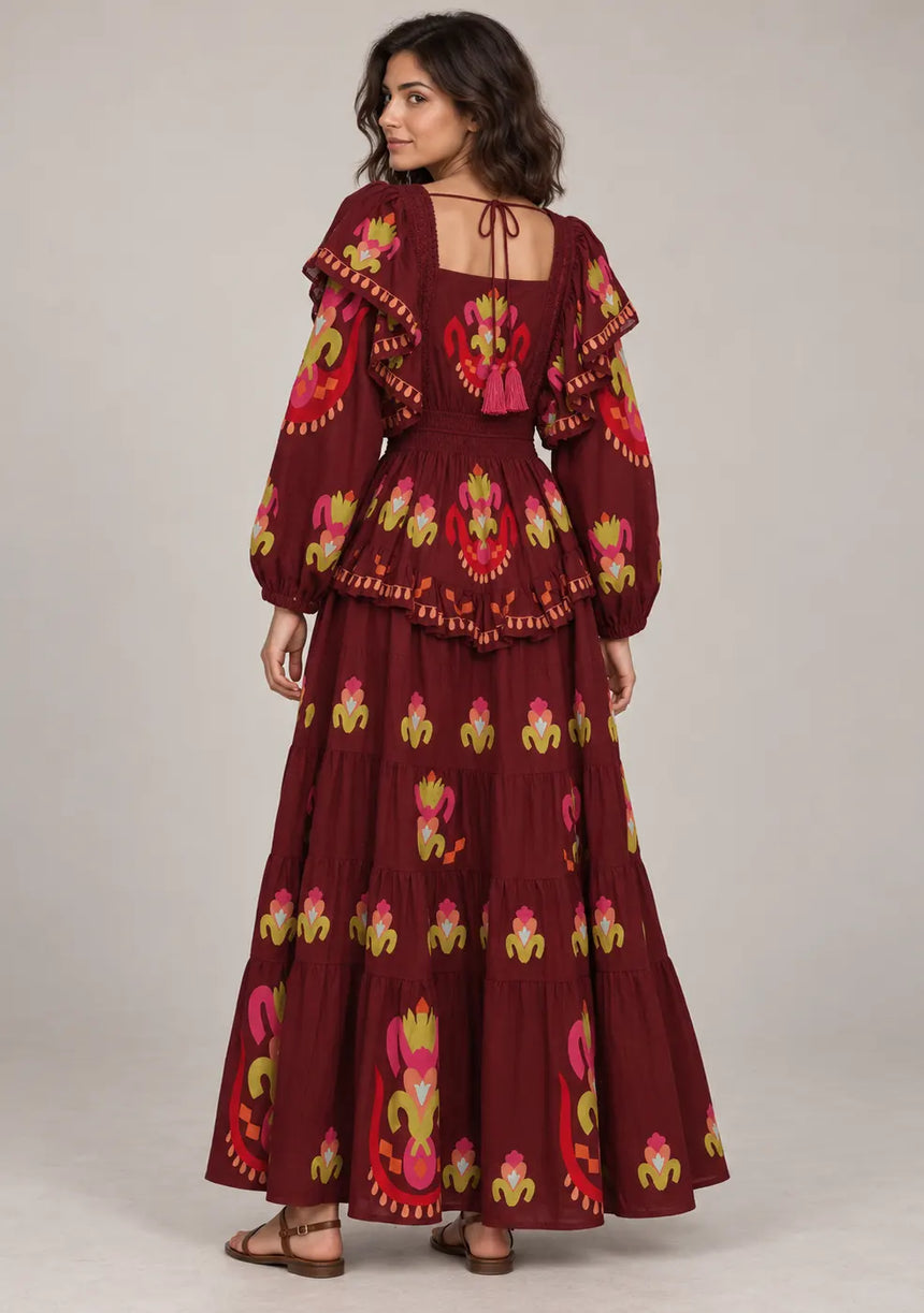 ibBan Printed Cotton Long Dress with Ruffle - Sona