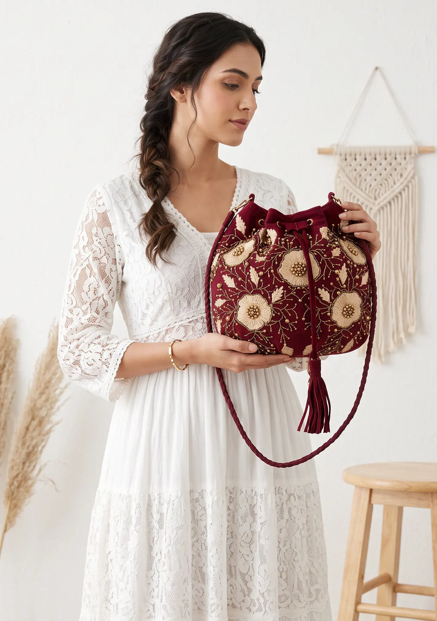 ibBan Floral Embellished Canvas Bucket Bag - Johri