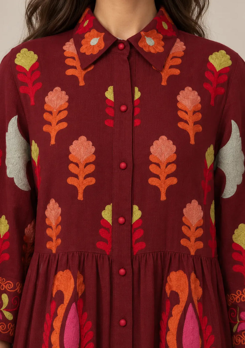 ibBan Embroidered Cotton Tiered Shirt Collor Tunic - Ambir