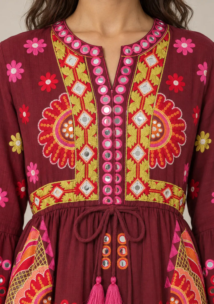 ibBan Embroidered Cotton Long Tunic Dress with Tassel Tie - Sara