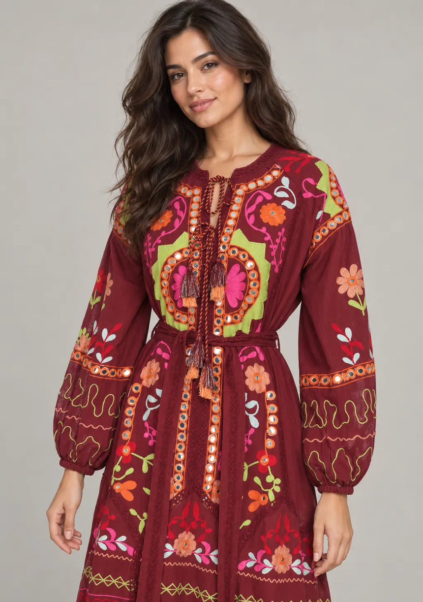ibBanEmbroidered Cotton Maxi Dress with Tassel Tie - Hami