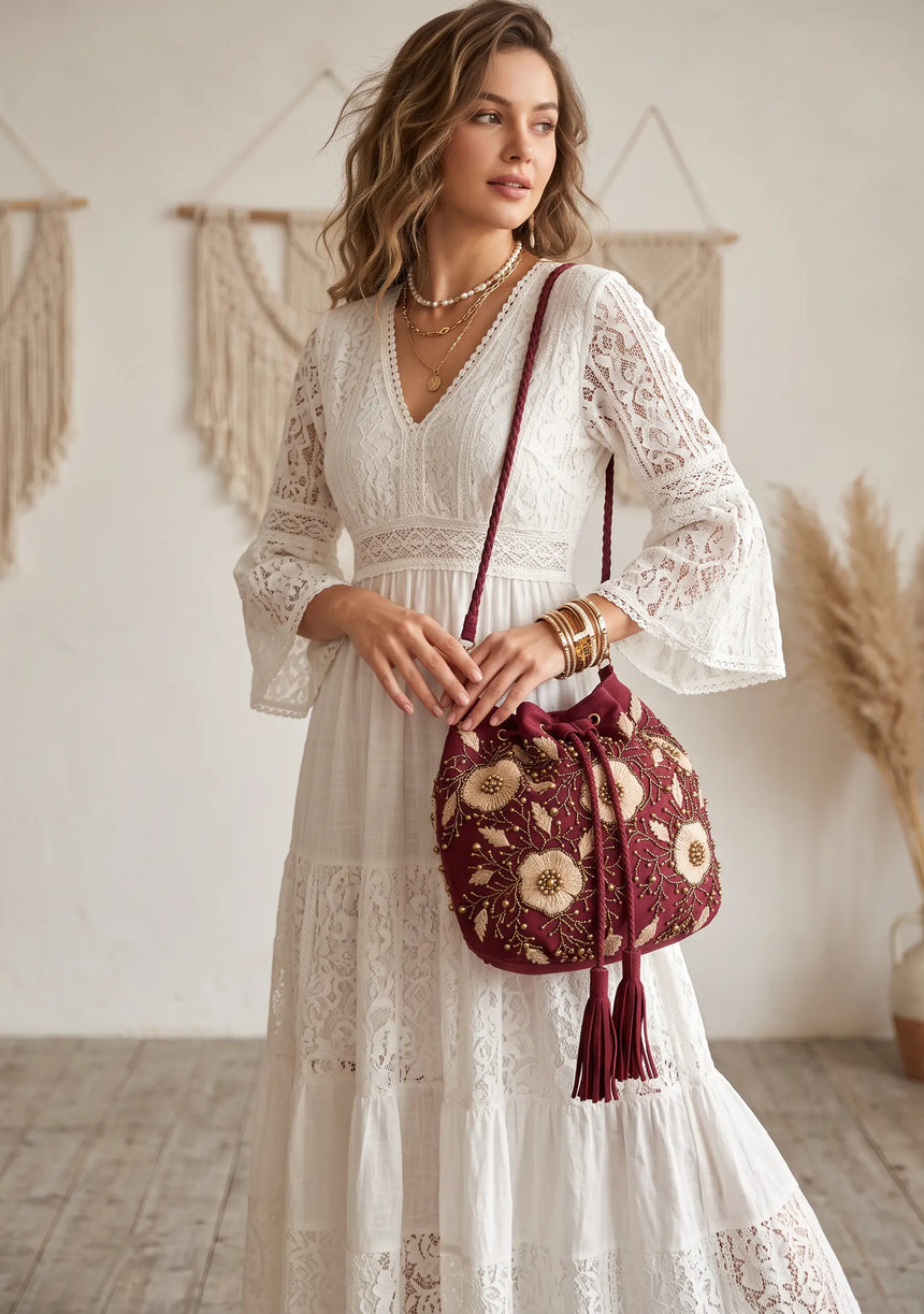 ibBan Floral Embellished Canvas Bucket Bag - Johri