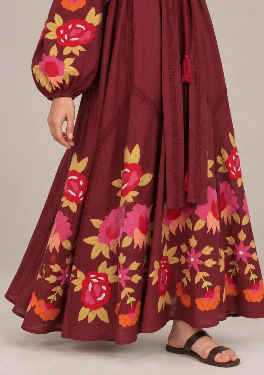 ibBan Floral Embroidered Cotton Maxi Dress with Tassel Tie - Gypsy