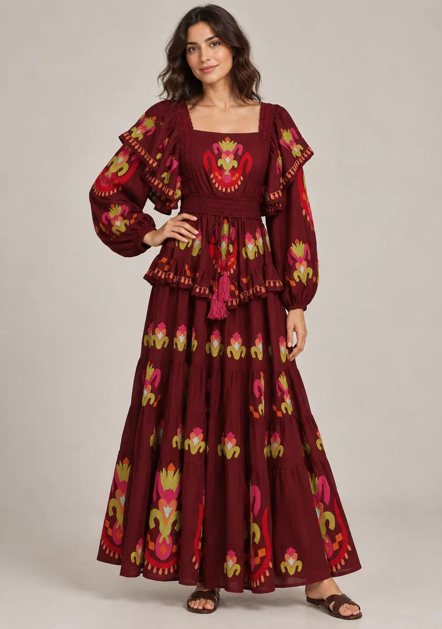ibBan Printed Cotton Long Dress with Ruffle - Sona