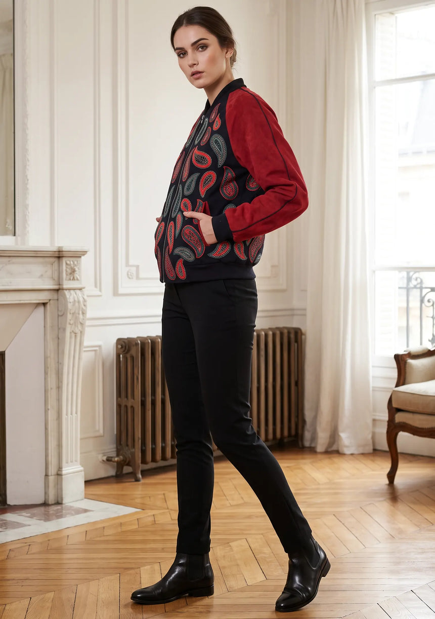 ibBan Women's Winter Leather Sleeve Jacket | Hand Embroidered Designer Bomber -Paisley jacket