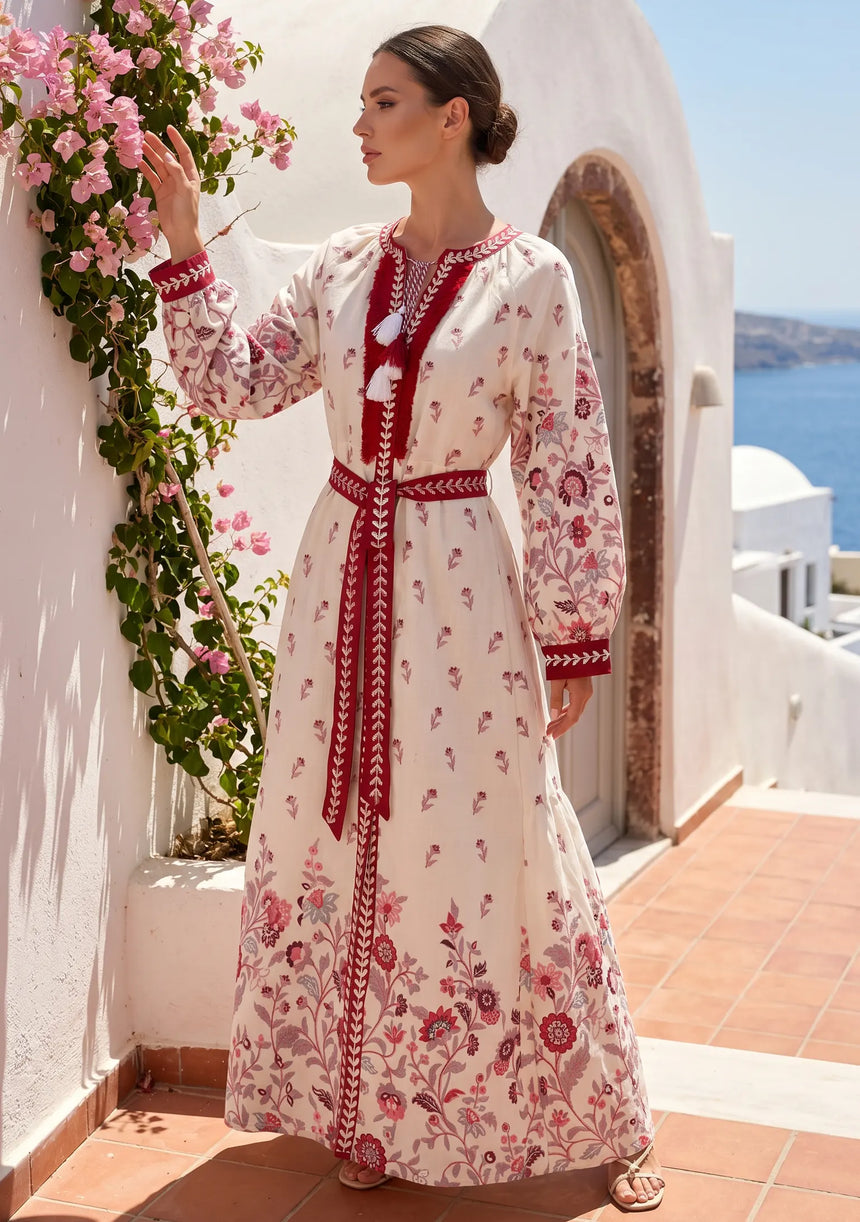 ibBan Printed Cotton Maxi Dress with Hand Embroidery | Luxury Resort Wear - Aizal long dress