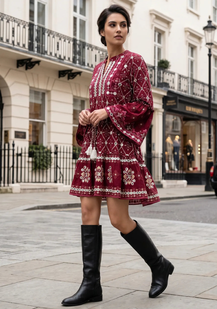 ibBan Hand Embroidered Winter Short Tunic Dress | Luxury Women's Fashion - Melida