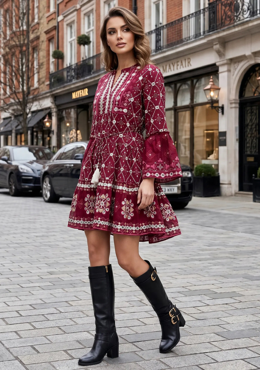 ibBan Hand Embroidered Winter Short Tunic Dress | Luxury Women's Fashion - Melida
