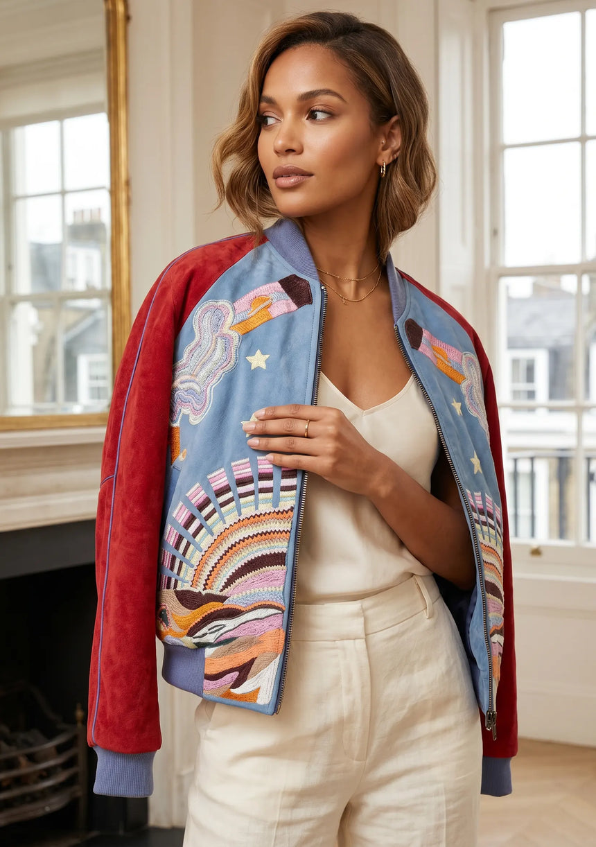 ibBan Luxury Hand Embroidered Split Leather Sleeve Bomber Collar Jacket - Broklyn