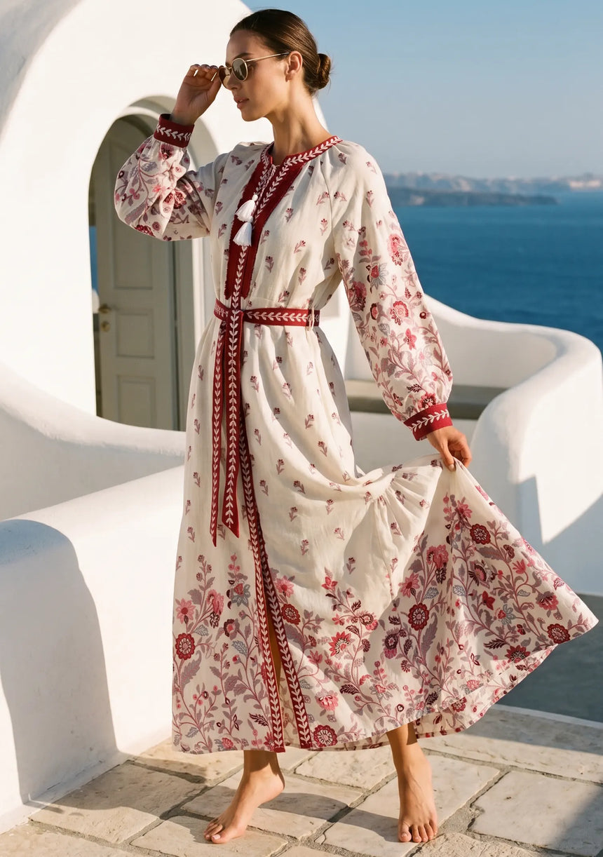 ibBan Printed Cotton Maxi Dress with Hand Embroidery | Luxury Resort Wear - Aizal long dress