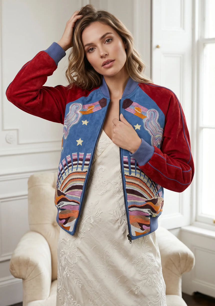 ibBan Luxury Hand Embroidered Split Leather Sleeve Bomber Collar Jacket - Broklyn