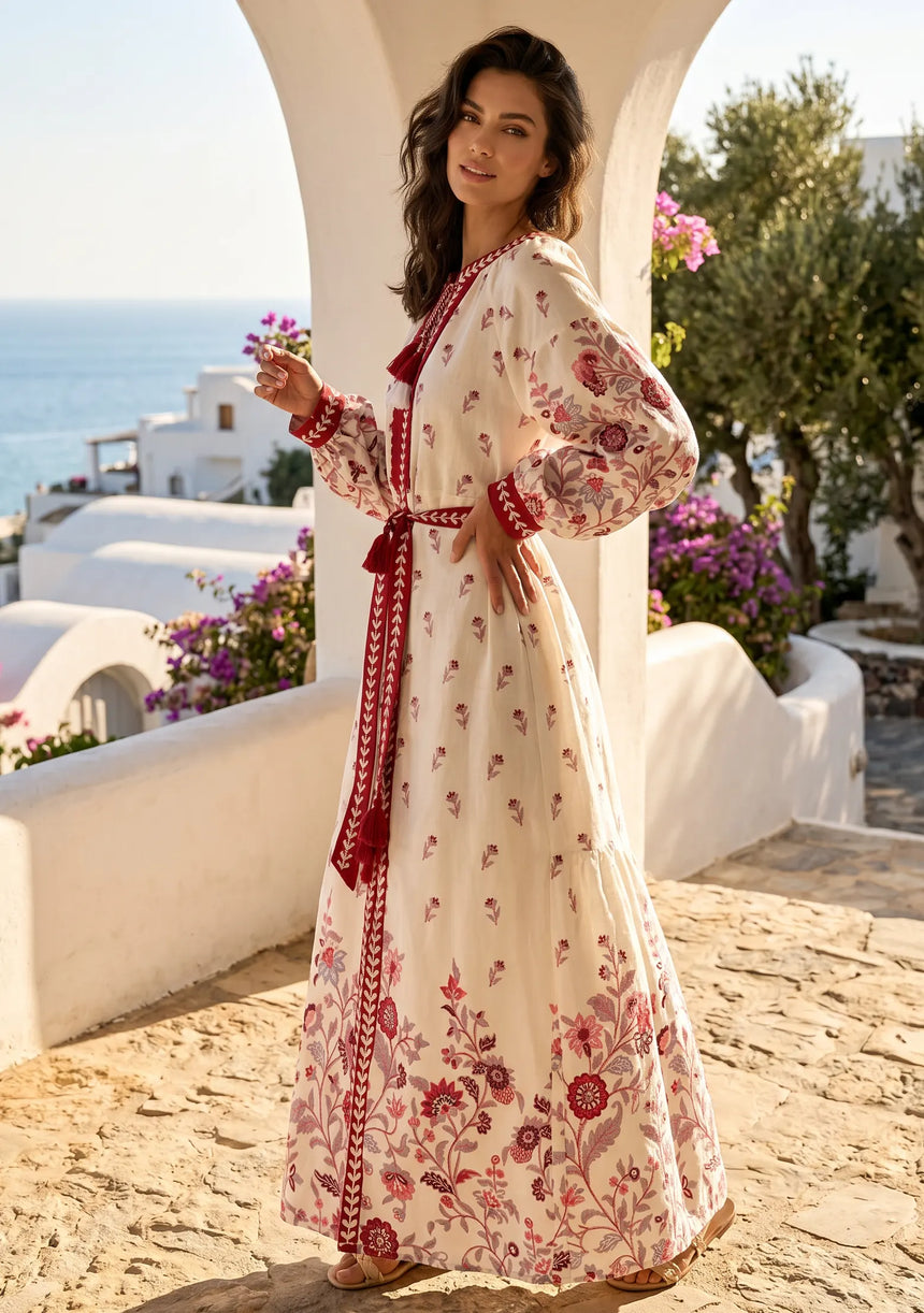 ibBan Printed Cotton Maxi Dress with Hand Embroidery | Luxury Resort Wear - Aizal long dress