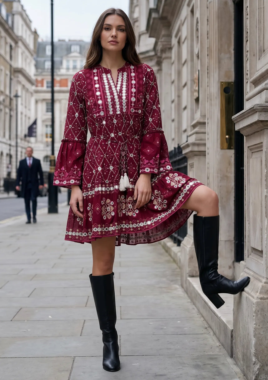 ibBan Hand Embroidered Winter Short Tunic Dress | Luxury Women's Fashion - Melida