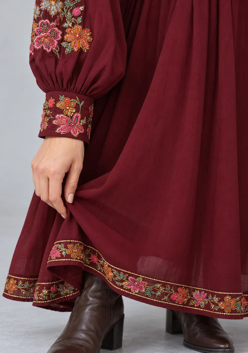 ibBan Floral Cotton Long Dress wint Hand Embroidery - Zayra