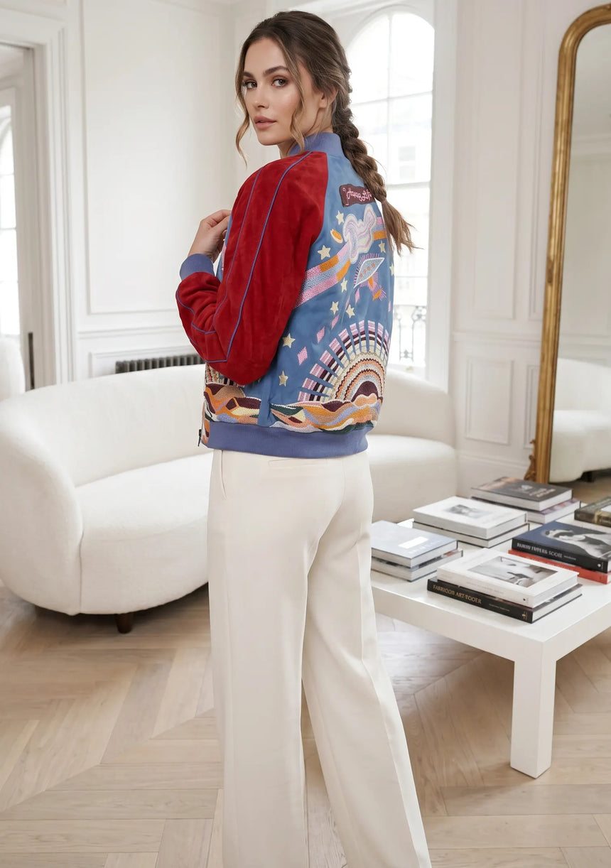 ibBan Luxury Hand Embroidered Split Leather Sleeve Bomber Collar Jacket - Broklyn