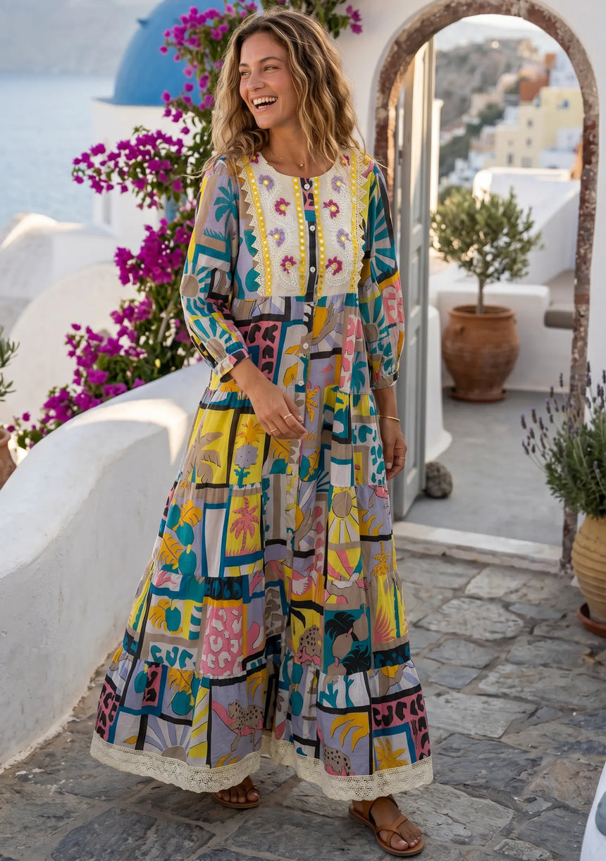 ibBan Printed Cotton Long Tunic Dress | Women's Boho Resort Wear - Behran
