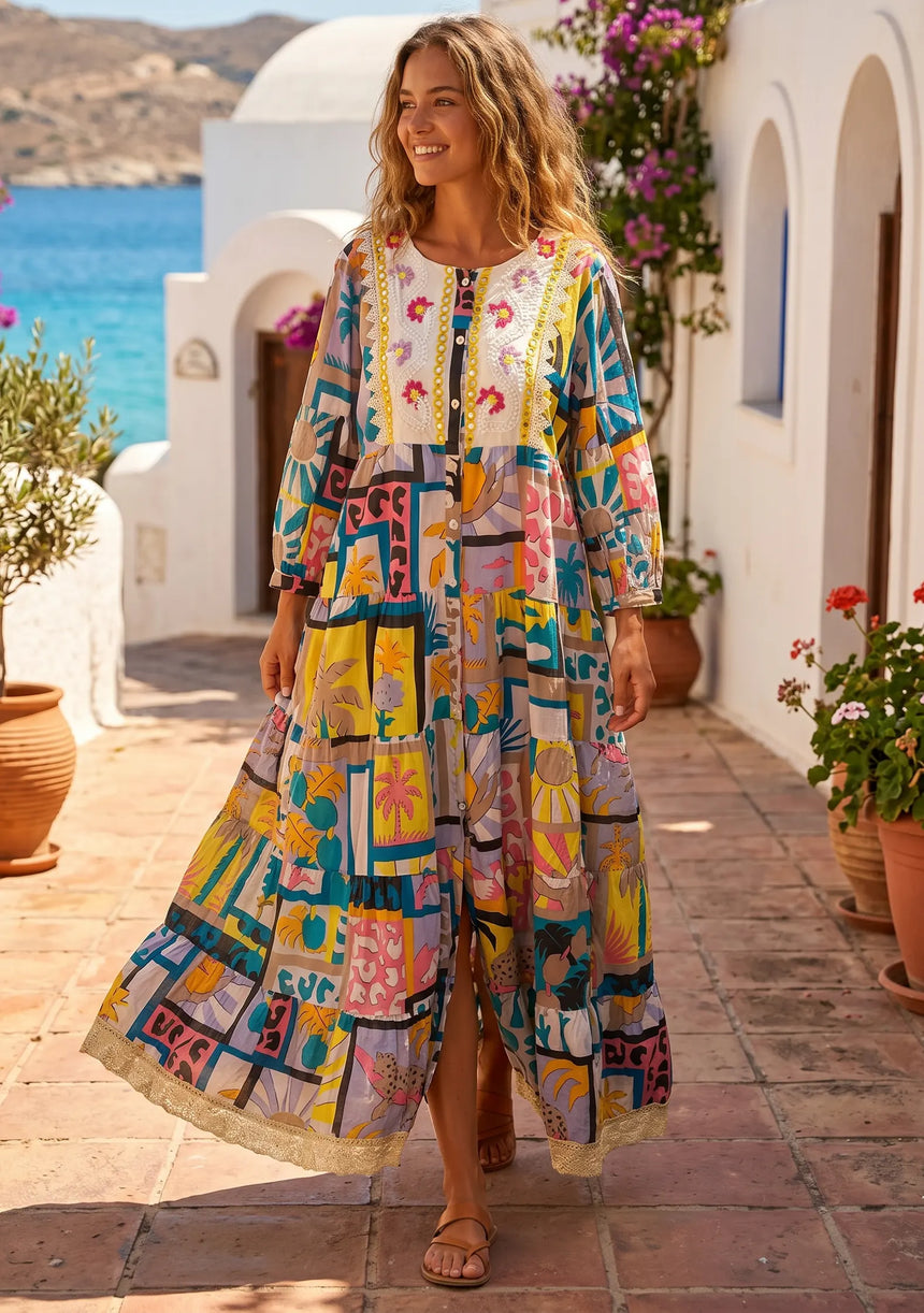 ibBan Printed Cotton Long Tunic Dress | Women's Boho Resort Wear - Behran