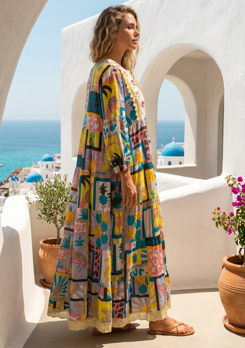 ibBan Printed Cotton Long Tunic Dress | Women's Boho Resort Wear - Behran
