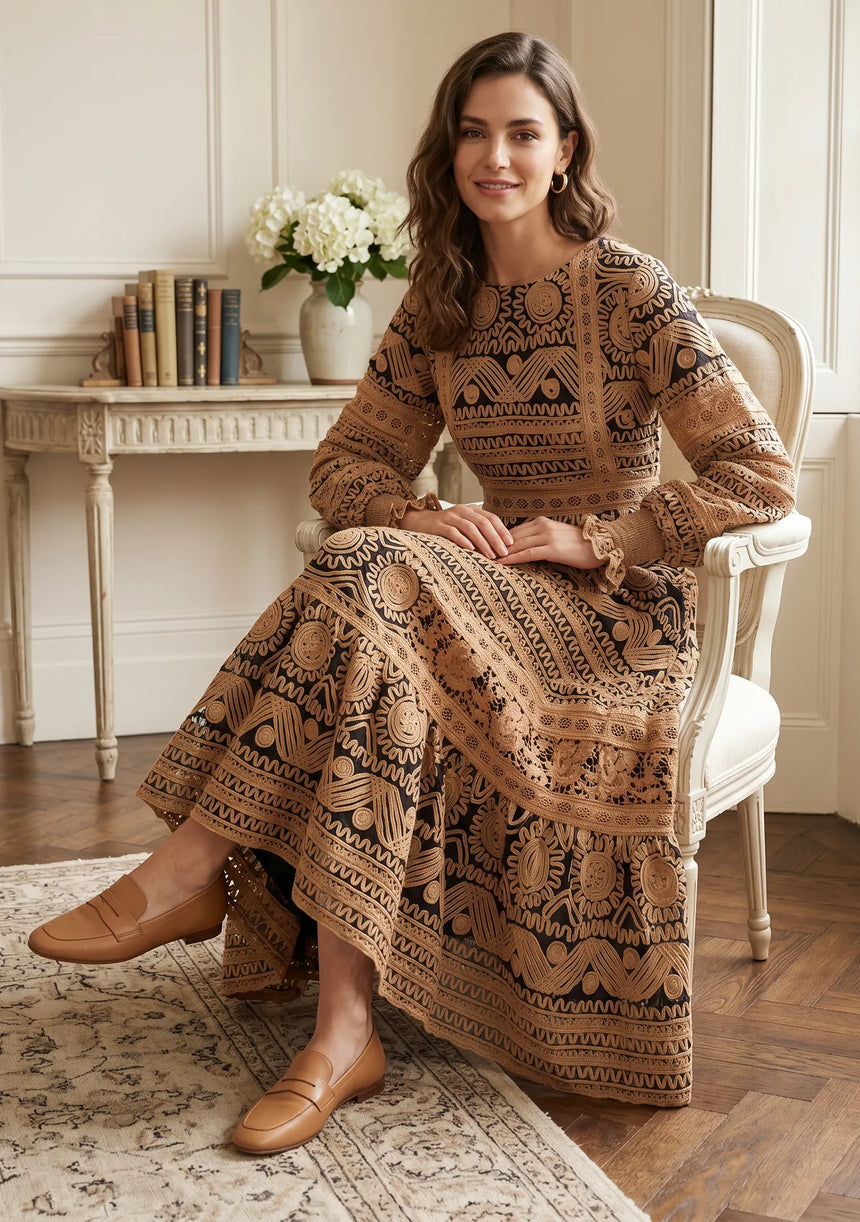 ibBan Winter Embroidered Long Dress | Elegant Women's Occasion Wear - Dori