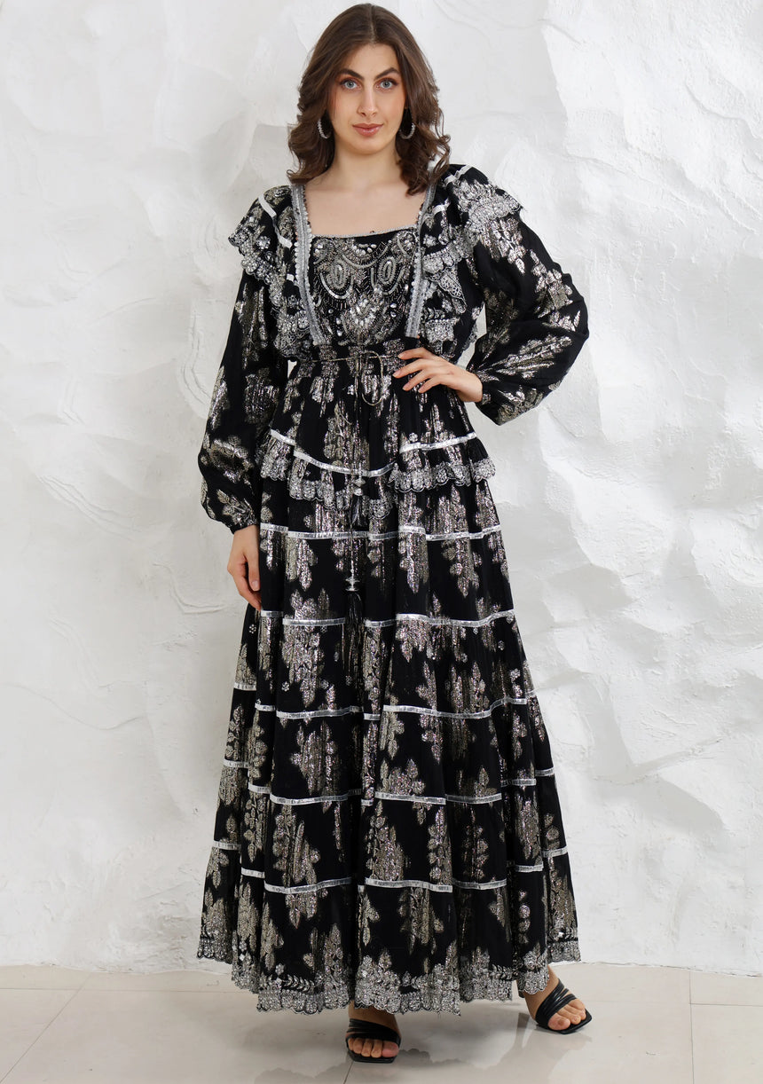 ibBan Hand Embroidered Cotton Lurex Winter Long Dress | Luxury Occasion Wear - Sofia