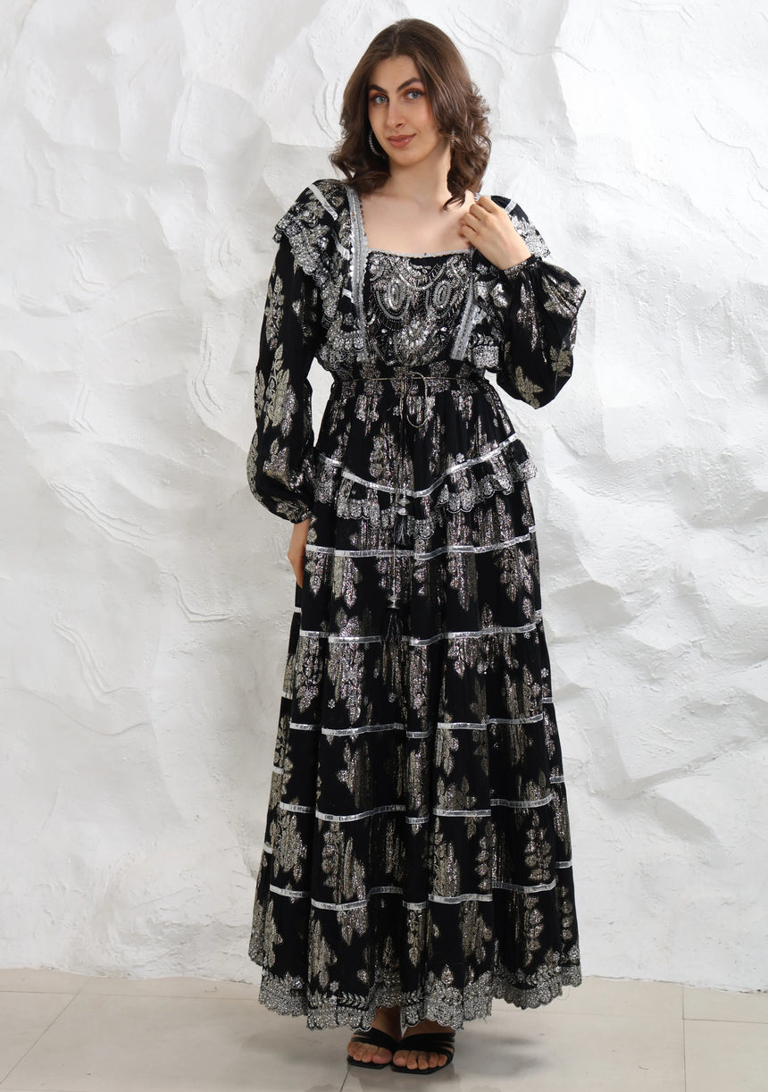 ibBan Hand Embroidered Cotton Lurex Winter Long Dress | Luxury Occasion Wear - Sofia