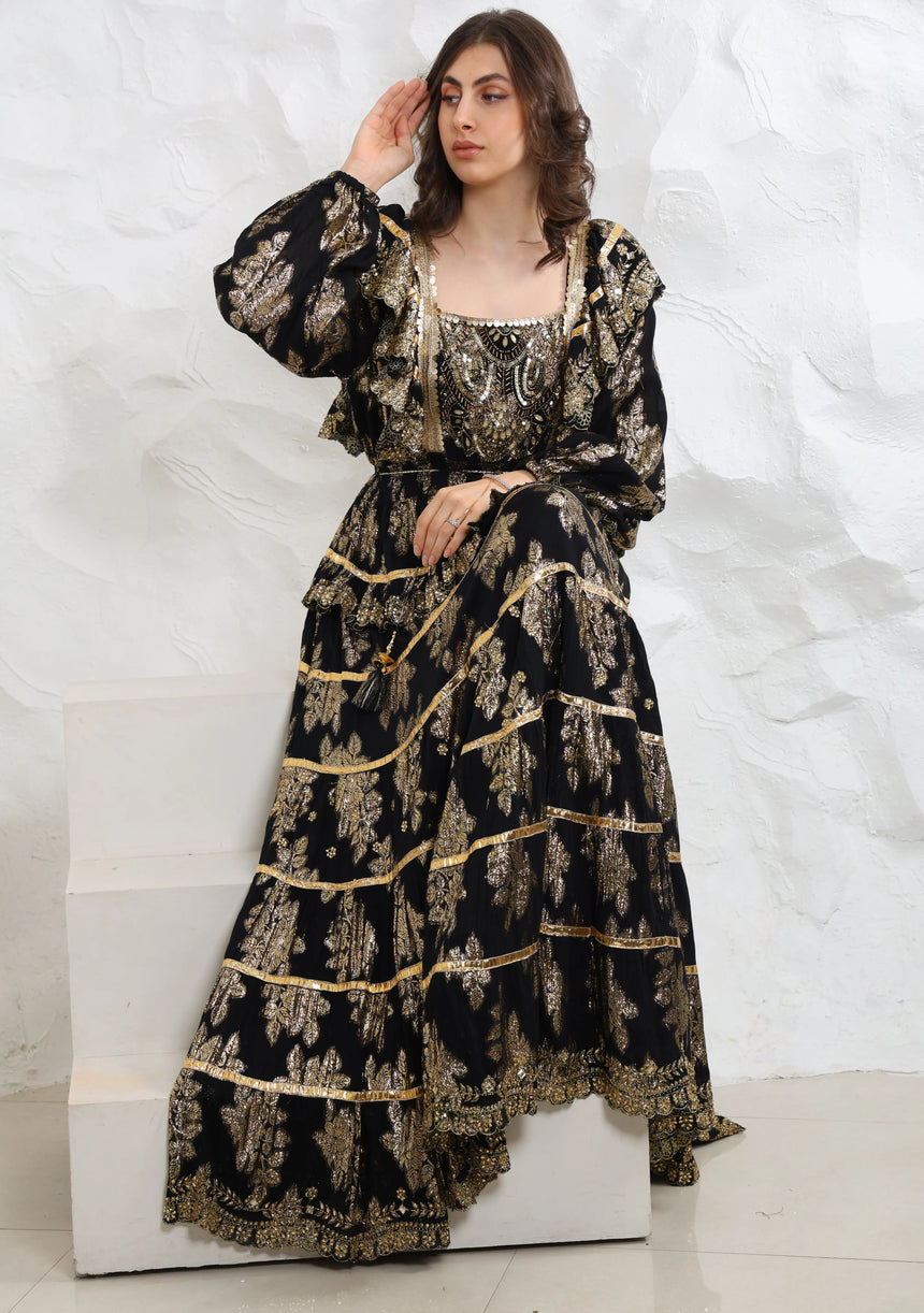 ibBan Hand Embroidered Cotton Lurex Winter Long Dress | Luxury Occasion Wear - Sofia