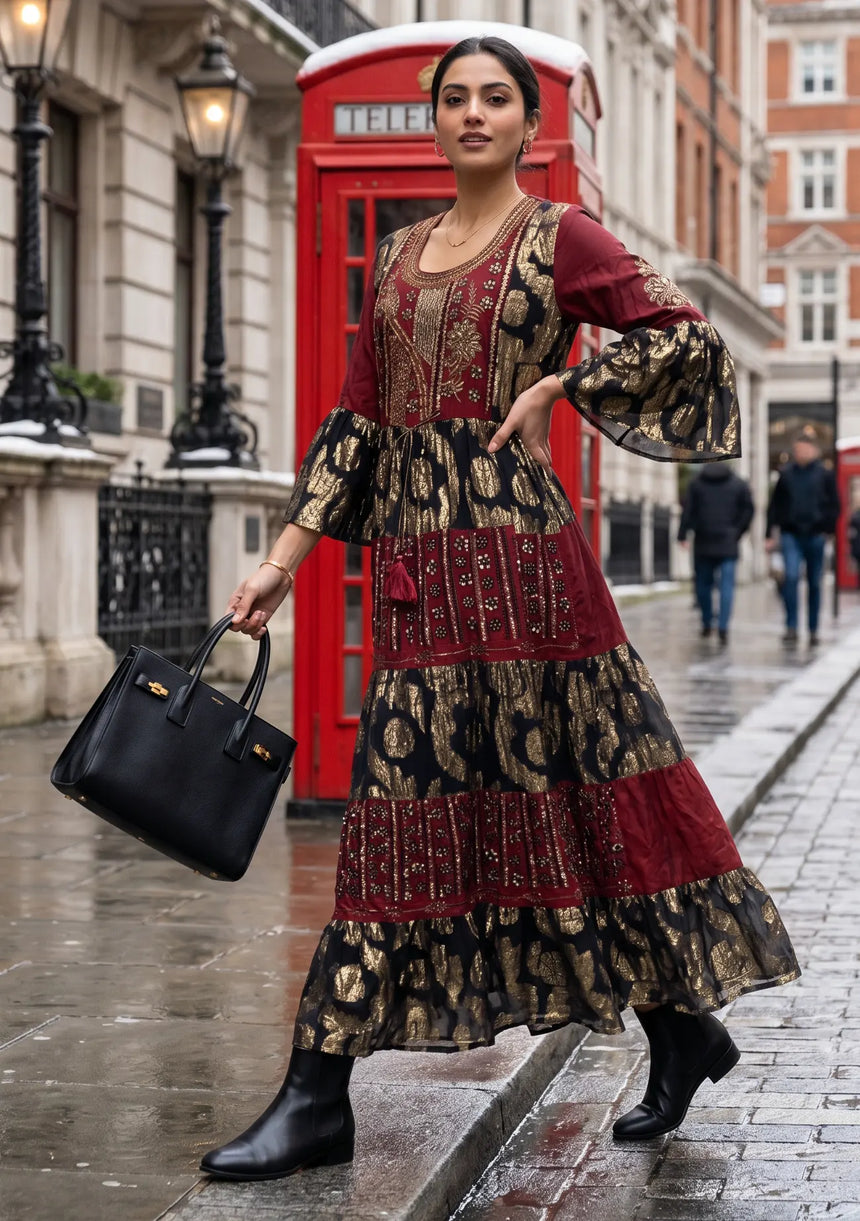 ibBan Hand Embroidered Beaded Cotton Lurex Maxi Dress | Luxury Resort Wear - Zehra