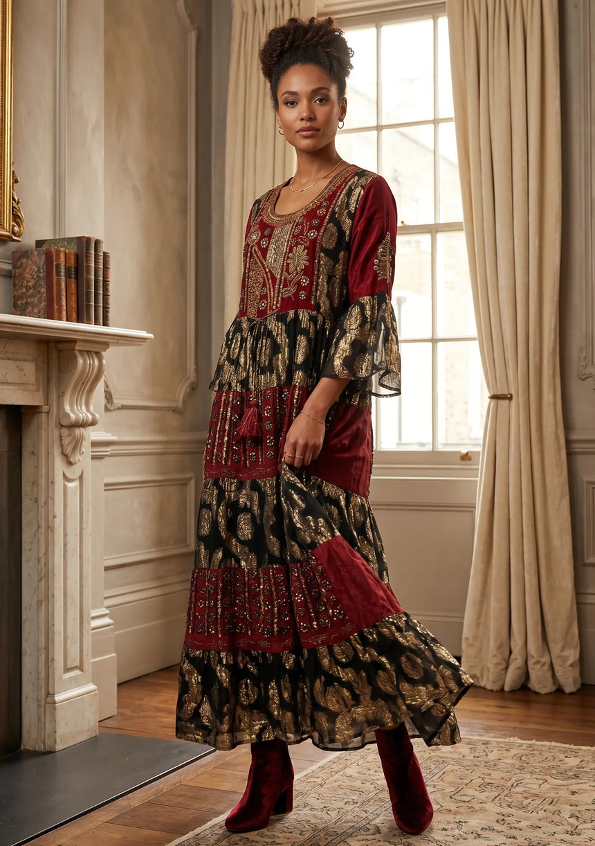 ibBan Hand Embroidered Beaded Cotton Lurex Maxi Dress | Luxury Resort Wear - Zehra