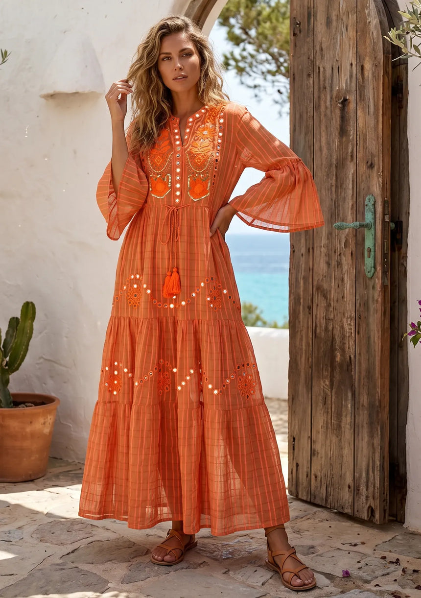 ibBan Premium Cotton Hand Embroidered Long Tunic Dress | Women's Boho Dress - Yamba Tunic