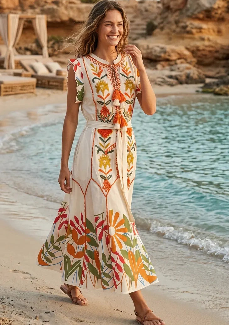 Vestido largo de algodón con cuello redondo para mujer - Barika