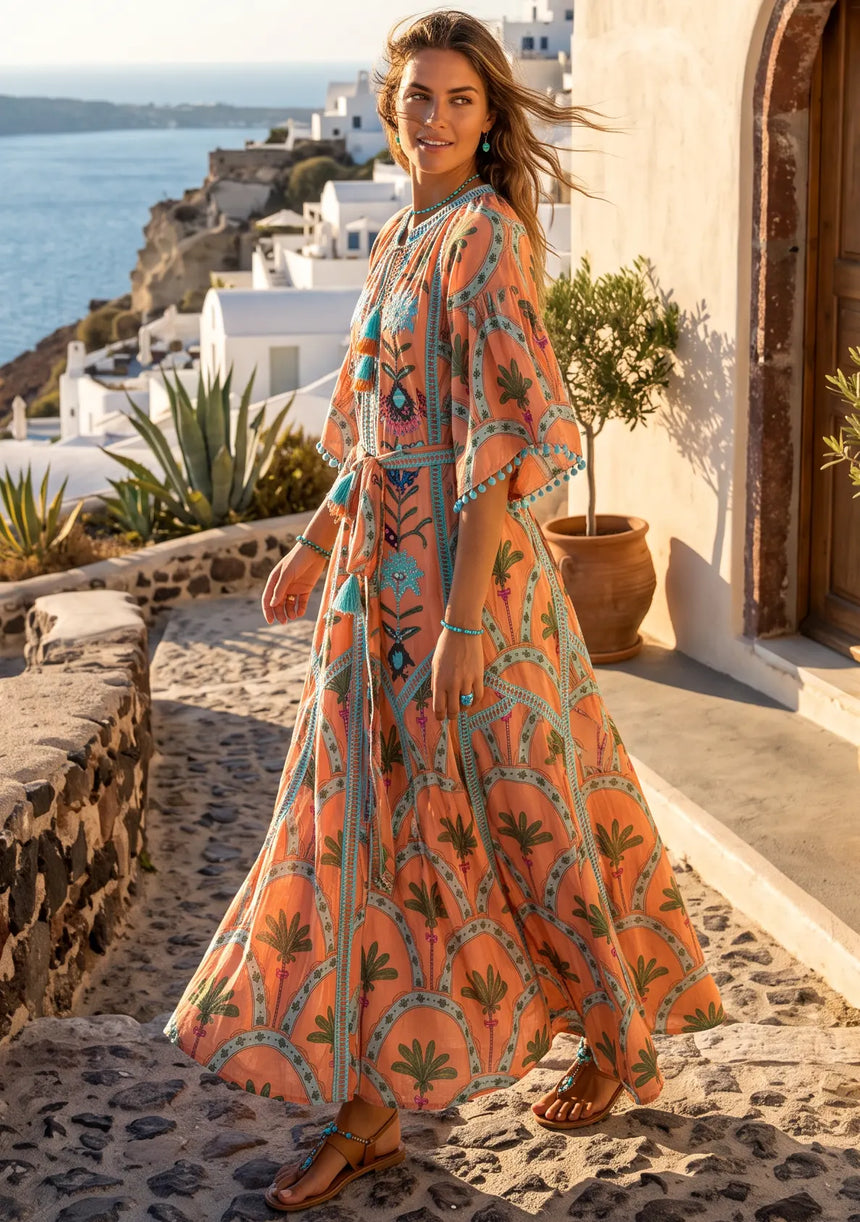 ibBan Hand-Embroidered Cotton Long Dress with Palm Print - Nashwa