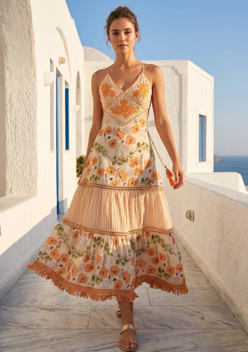 Women's Hand Embroidered Printed Luxury Cotton Sleeveless Strap Dress Halter Neck- Sarifa