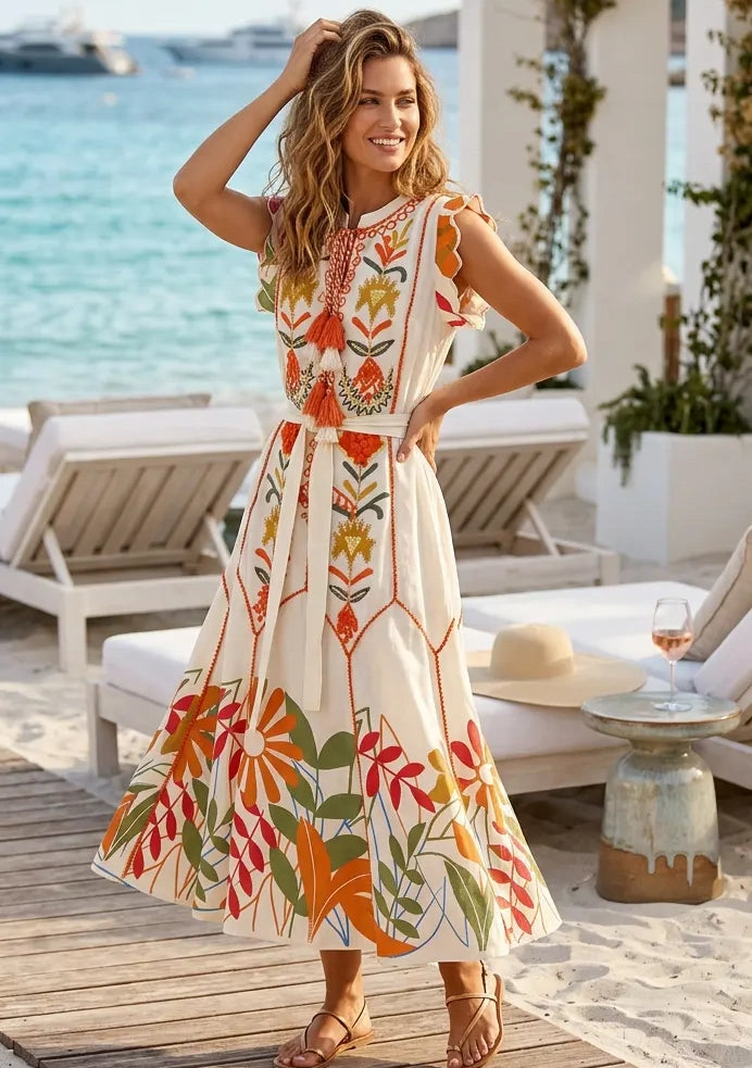Vestido largo de algodón con cuello redondo para mujer - Barika