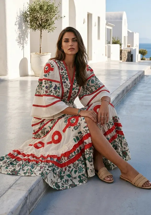 Women's Hand Embroidered Soft Luxury Cotton Maxi Dress V-Neck- Marashi