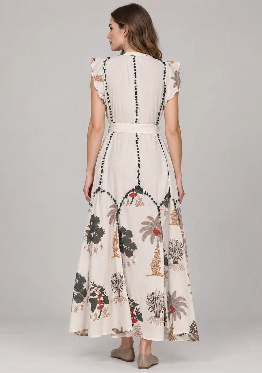 ibBan Hand-Embroidered Cotton Maxi Dress with Botanical Print -Ruzaan