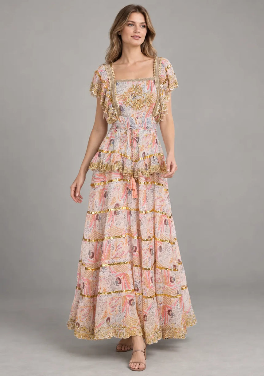 ibBan Cotton Georgette Floral Tiered Long Dress - Huma