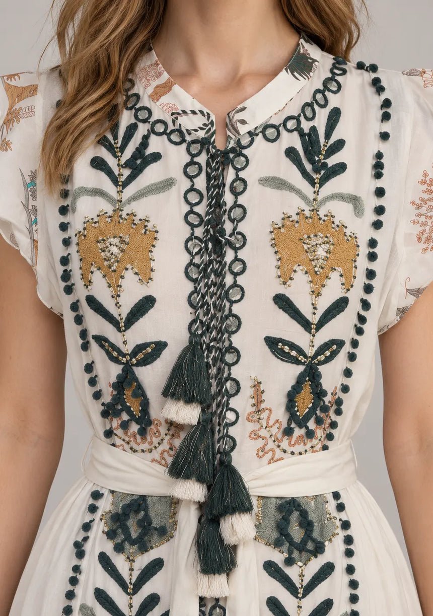 ibBan Hand-Embroidered Cotton Maxi Dress with Botanical Print -Ruzaan