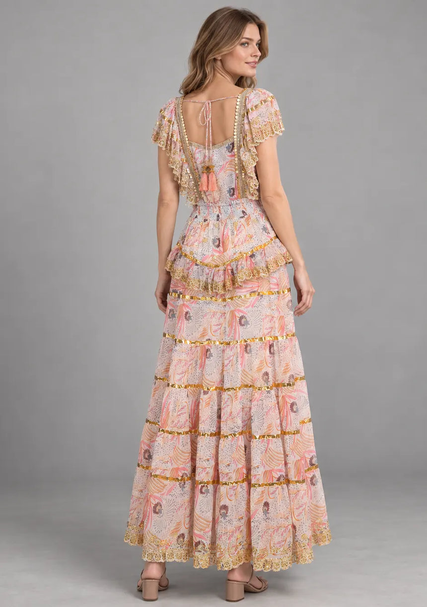 ibBan Cotton Georgette Floral Tiered Long Dress - Huma