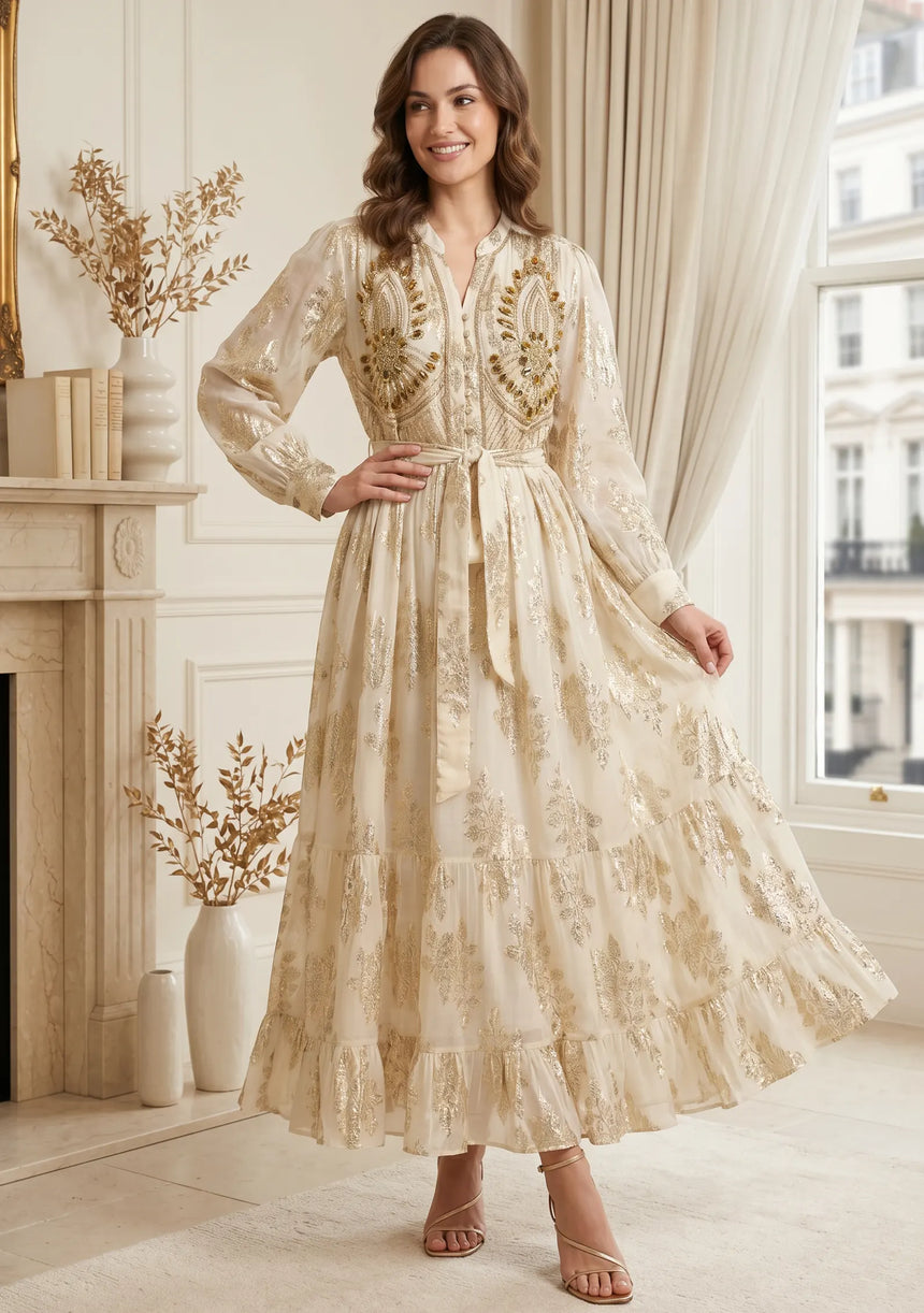 ibBan Hand Embroidered Cotton Lurex Long Tunic | Luxury Dress - Varsha