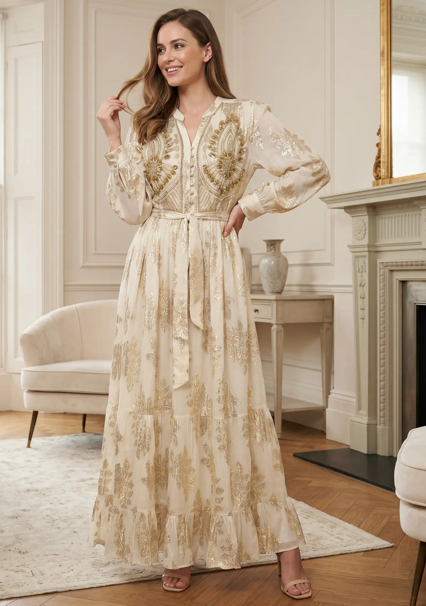 ibBan Hand Embroidered Cotton Lurex Long Tunic | Luxury Dress - Varsha