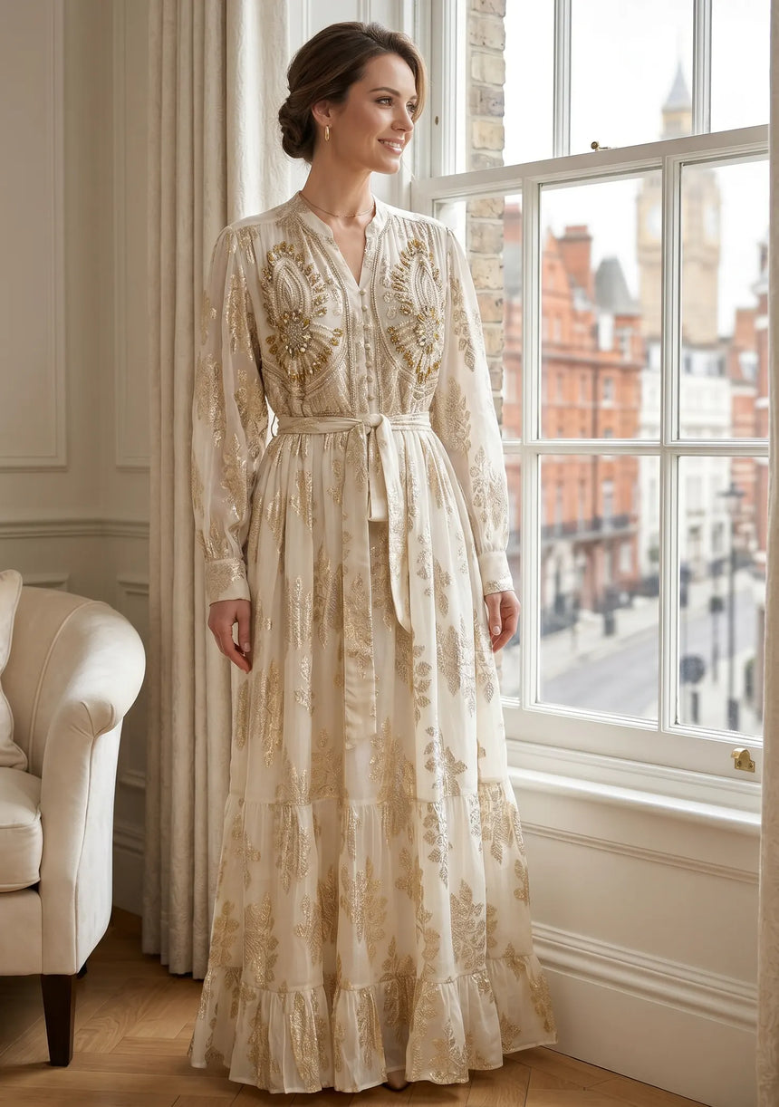 ibBan Hand Embroidered Cotton Lurex Long Tunic | Luxury Dress - Varsha