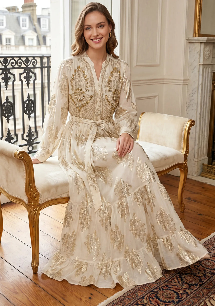 ibBan Hand Embroidered Cotton Lurex Long Tunic | Luxury Dress - Varsha