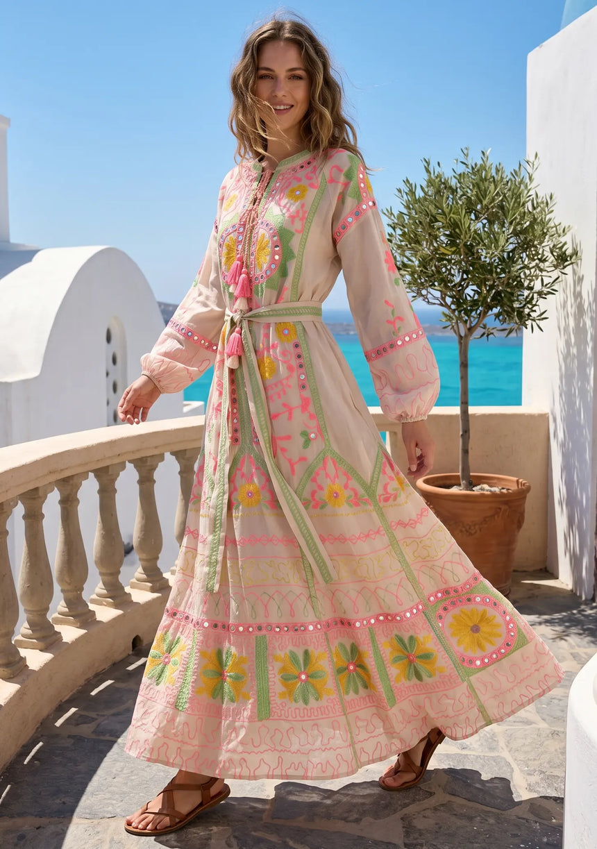 ibBan Pink Embroidered Cotton Maxi Dress | Women's Bohemian Resort Wear-Orla