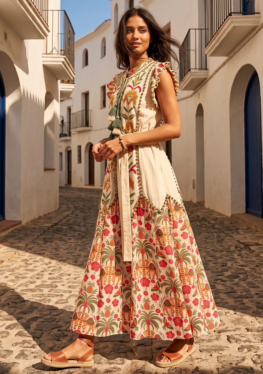 ibBan Hand-Embroidered Cotton Long Dress with Elephant Print - Yamna